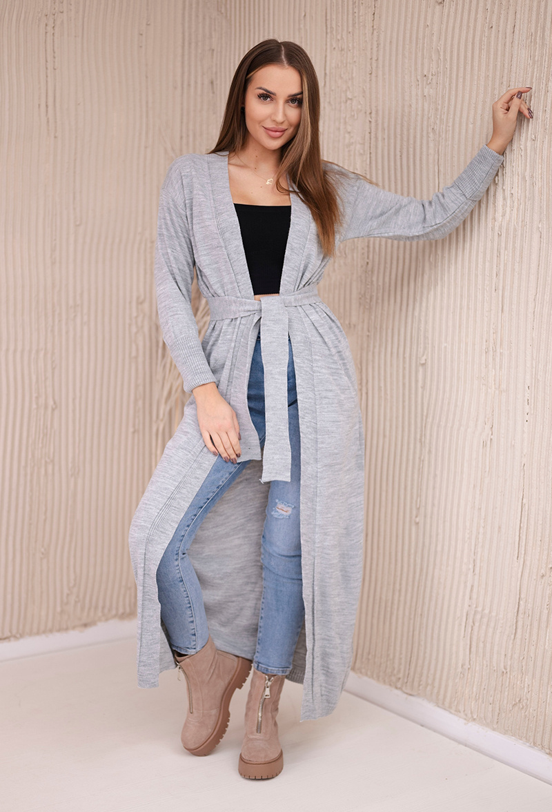 Svetlosivý dlhý dámsky kardigán so zaväzovaním v páse Veľkosť: ONE SIZE