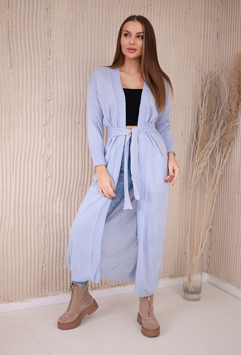 Svetlomodrý dlhý dámsky kardigán so zaväzovaním v páse Veľkosť: ONE SIZE