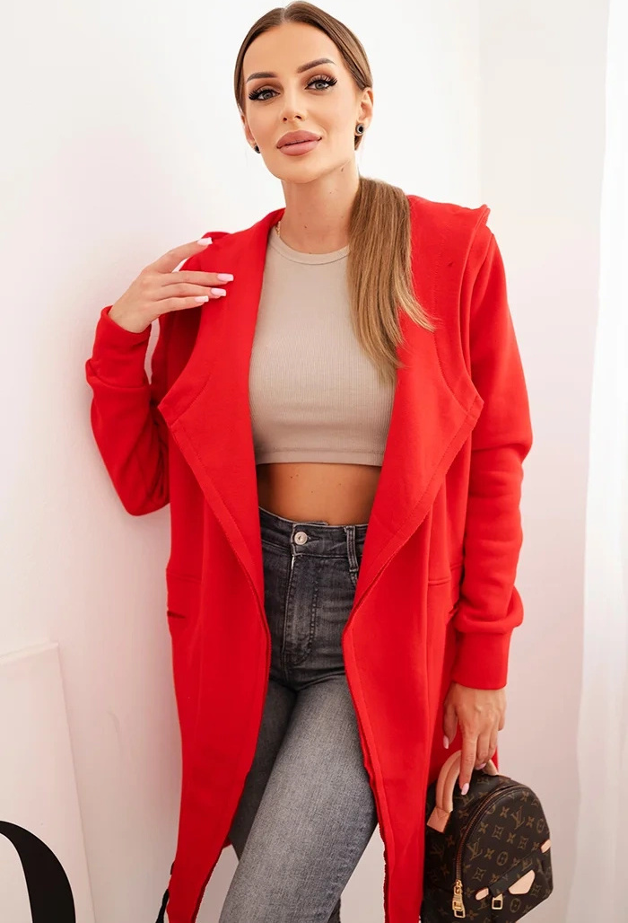 Červený dámsky zateplený kardigán s kapucňou Veľkosť: ONE SIZE