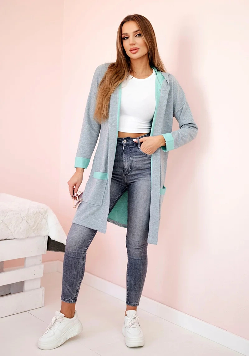 Sivo-mätový dámsky kardigán s vreckami Veľkosť: ONE SIZE