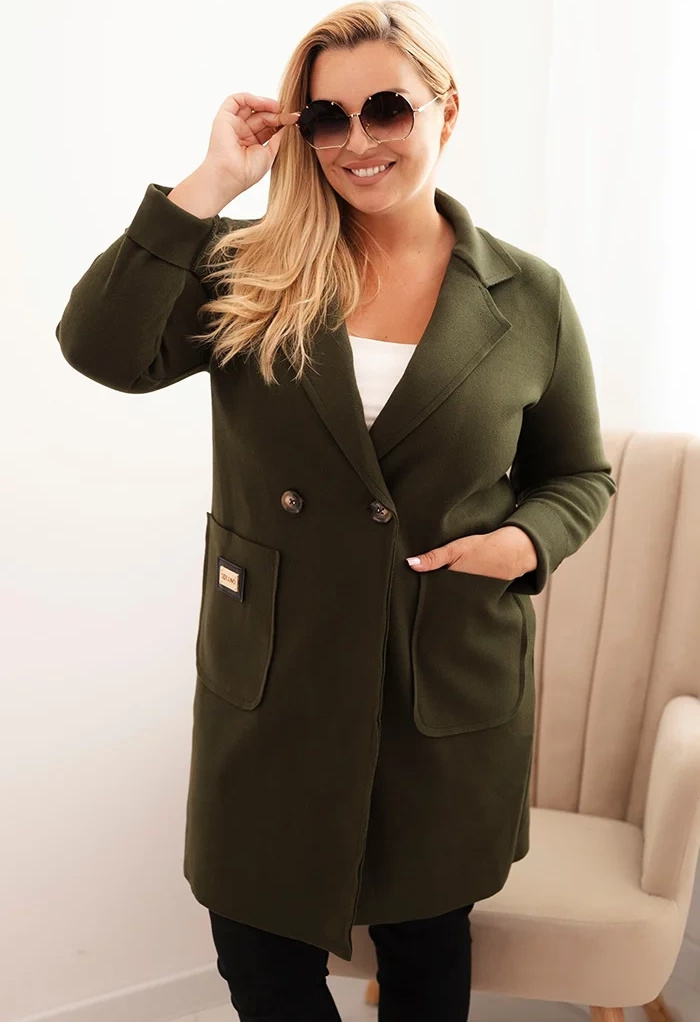 Khaki dámsky elegantný plus size kabát s golierom a veľkými vreckami Veľkosť: ONE SIZE
