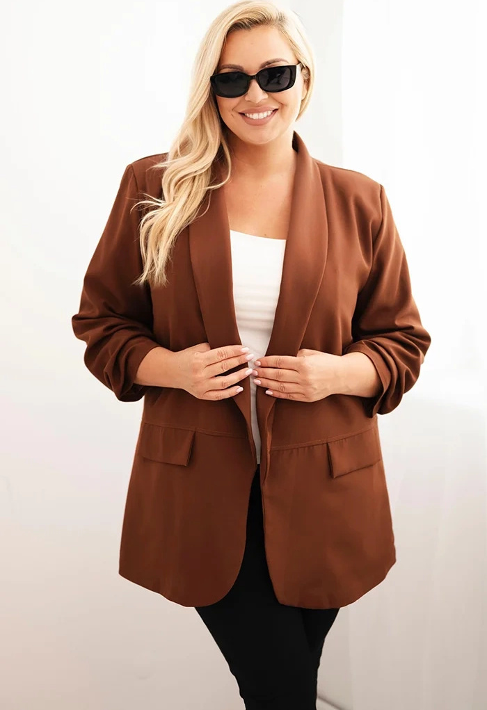 Hnedý dámsky elegantný plus size blejzer Veľkosť: ONE SIZE
