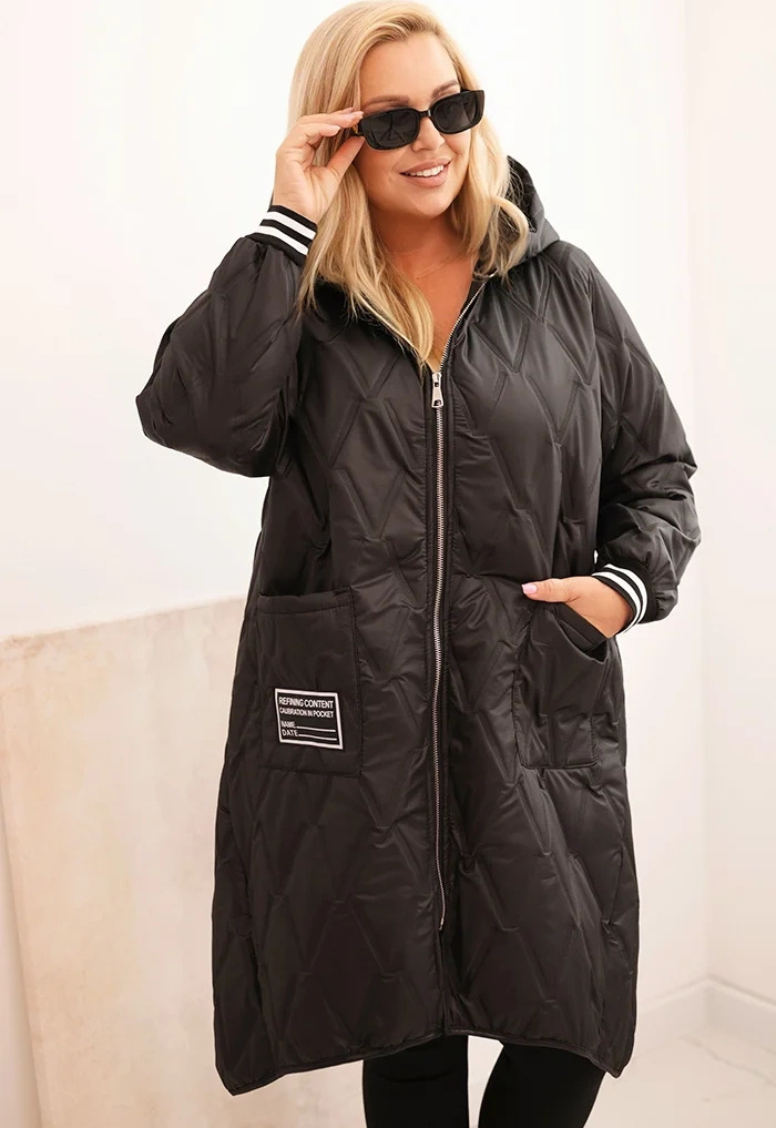 Čierna dámska plus size prešívaná bunda s kapucňou a manžetami Veľkosť: ONE SIZE