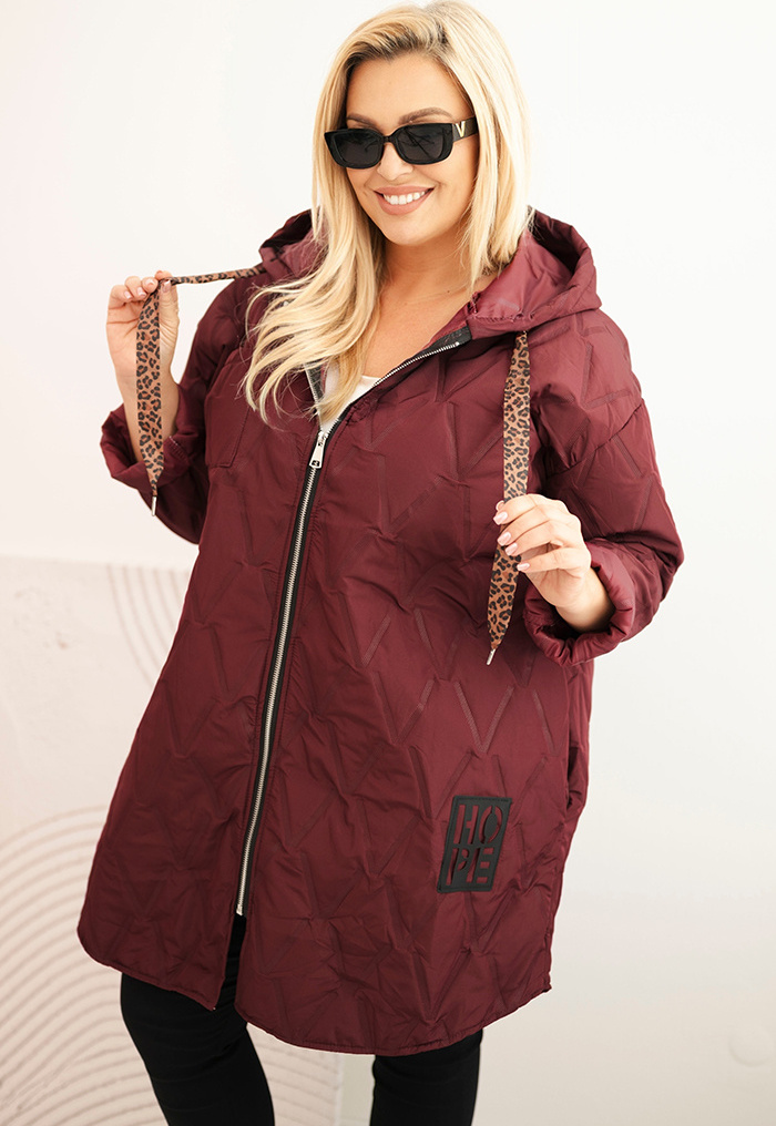 Vínová dámska plus size prešívaná bunda s kapucňou Veľkosť: ONE SIZE
