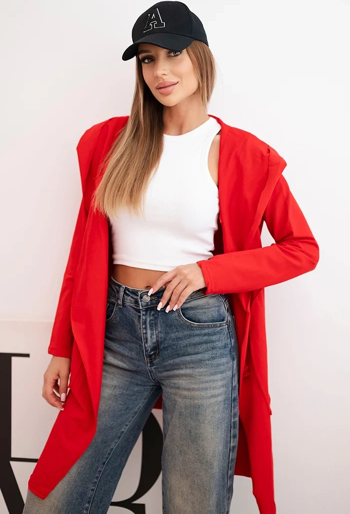 Červený ležérny dámsky asymetrický kardigán s kapucňou a vreckami Veľkosť: ONE SIZE