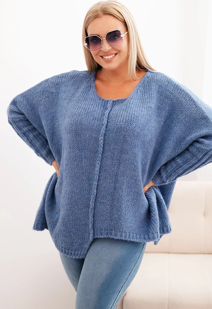 Modrý dámsky asymetrický plus size pletený sveter Veľkosť: ONE SIZE