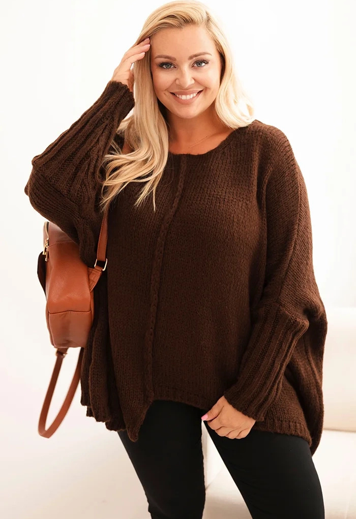 Hnedý dámsky asymetrický plus size pletený sveter Veľkosť: ONE SIZE