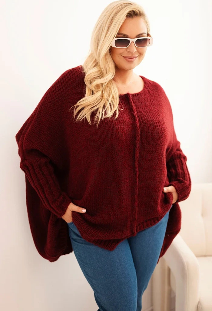 Vínový dámsky asymetrický plus size pletený sveter Veľkosť: ONE SIZE