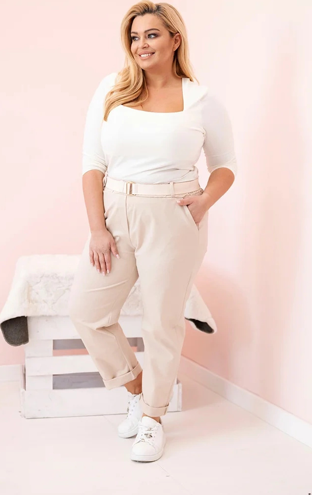 Svetlobéžové dámske bavlnené plus size nohavice s pásikom Veľkosť: 3XL