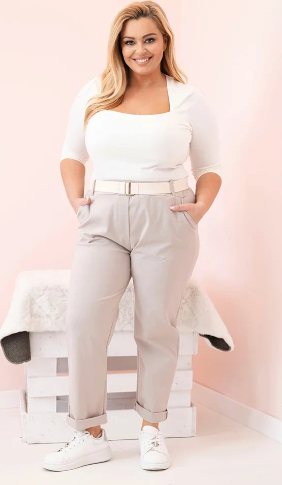 Béžové dámske bavlnené plus size nohavice s pásikom Veľkosť: 2XL
