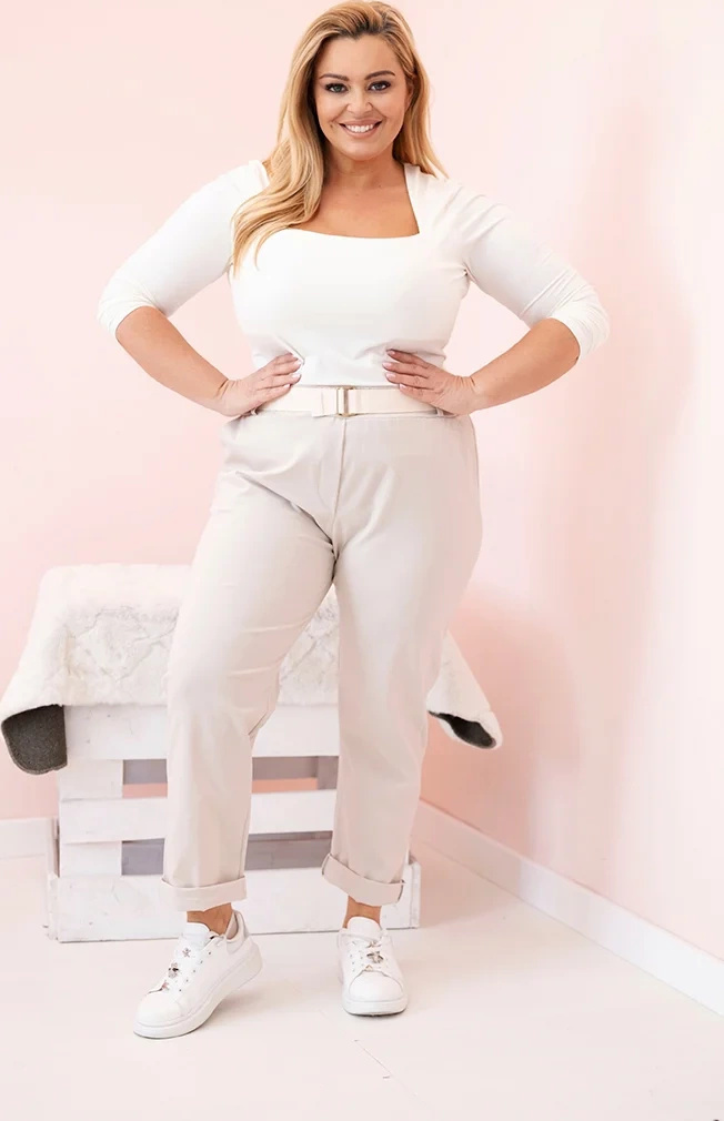 Smotanové dámske bavlnené plus size nohavice s pásikom Veľkosť: 3XL