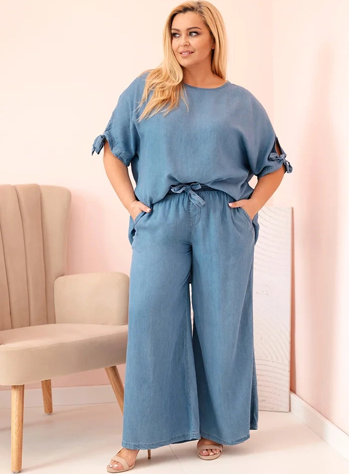 Modrá dámska plus size súprava blúzky a širokých nohavíc Veľkosť: ONE SIZE