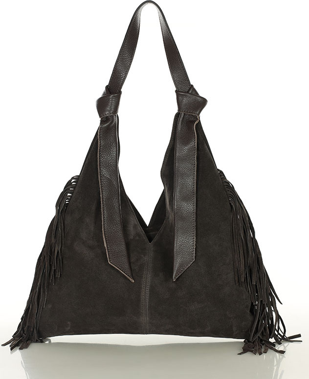 MARCO MAZZINI Tmavo hnedá semišová shopper kabelka so strapcami (s290c) Veľkosť: ONE SIZE