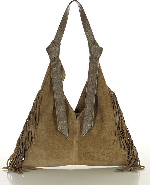 MARCO MAZZINI Béžová taupe semišová shopper kabelka so strapcami (s290b) Veľkosť: ONE SIZE