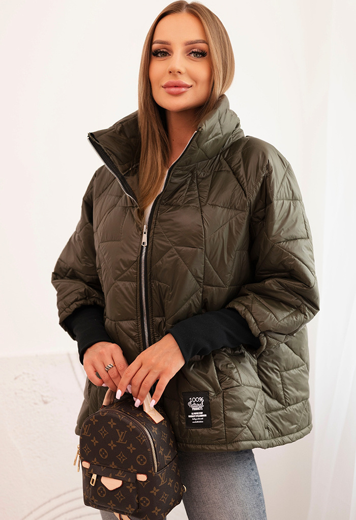 Khaki dámska prešívaná bunda so stojačikom a elastickými manžetami Veľkosť: ONE SIZE