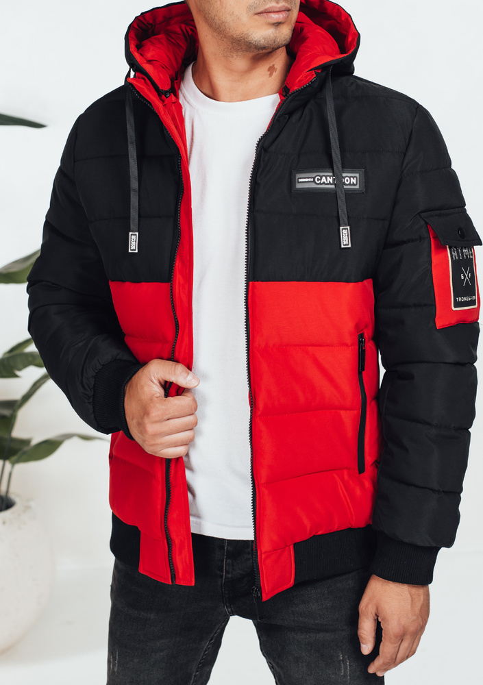 Čierno-červená pánska zimná prešívaná bunda s kapucňou TX5052 Veľkosť: S