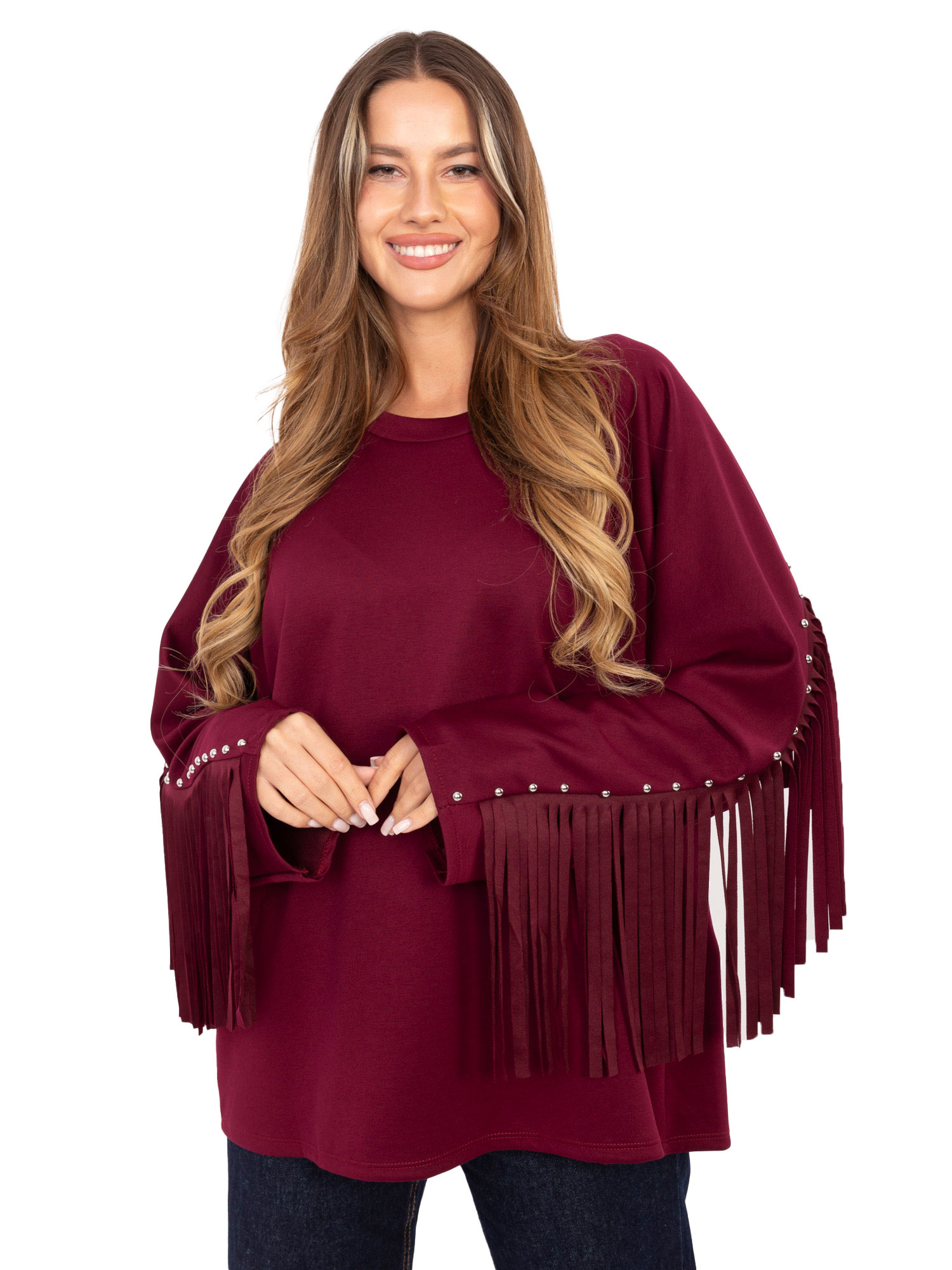 Vínová dámska viskózová mikina so strapcami IT-BZ-21695.10-vínová Veľkosť: ONE SIZE