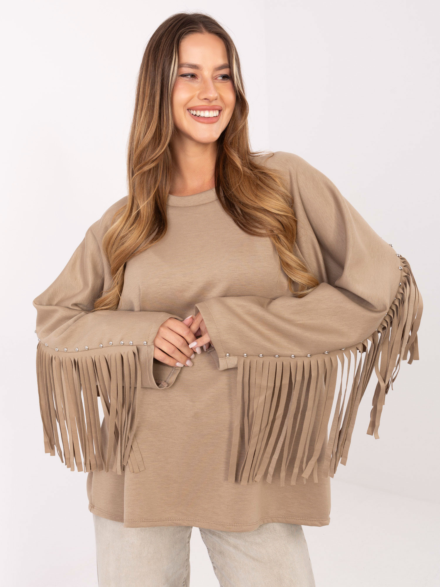 Béžová dámska viskózová mikina so strapcami IT-BZ-21695.10-dark beige Veľkosť: ONE SIZE