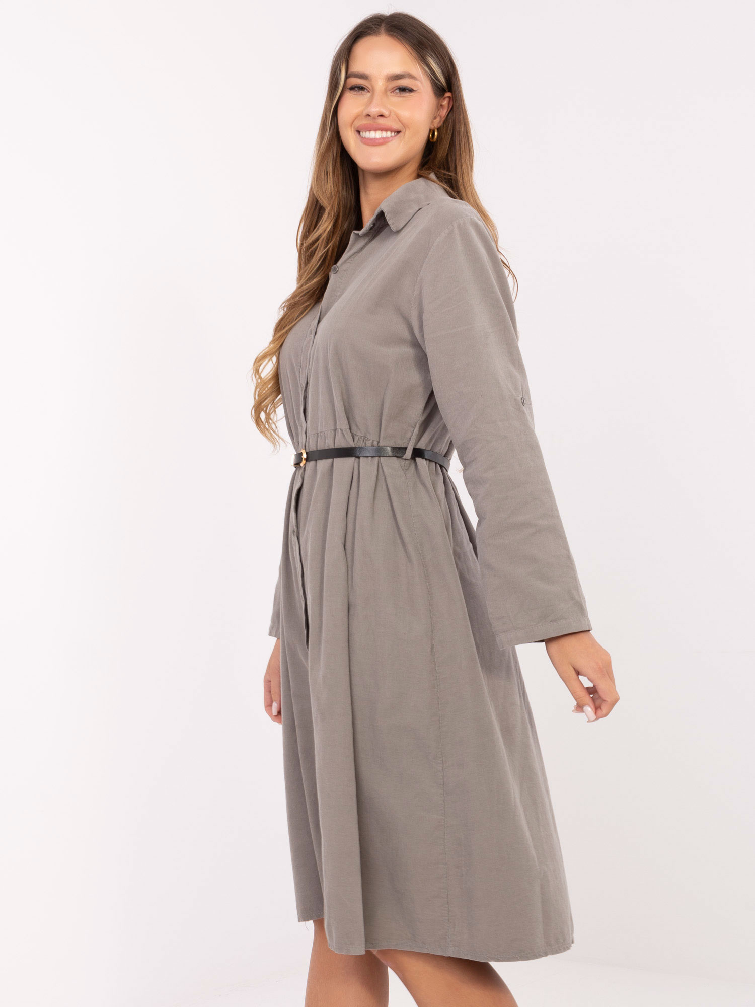 Tmavobéžové menčestrové košeľové šaty s opaskom MI-SK-92400.17-dark beige Veľkosť: ONE SIZE