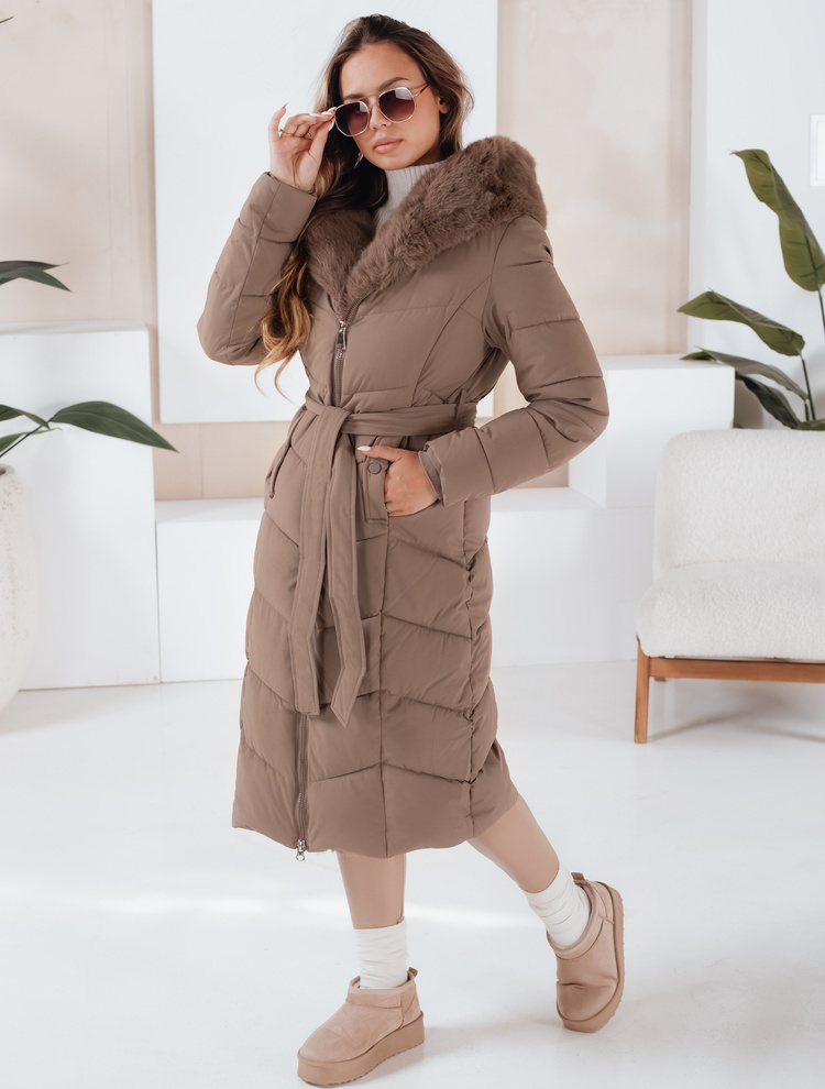 Béžový dámsky zimný prešívaný kabát s výrazným kožušinovým lemovaním TY5087 Veľkosť: 2XL