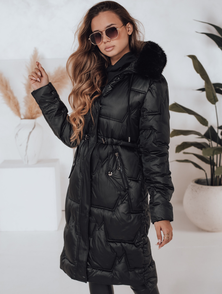 Čierna dámska dlhá prešívaná bunda s kapucňou a kožušinovým lemom TY5072 Veľkosť: XL