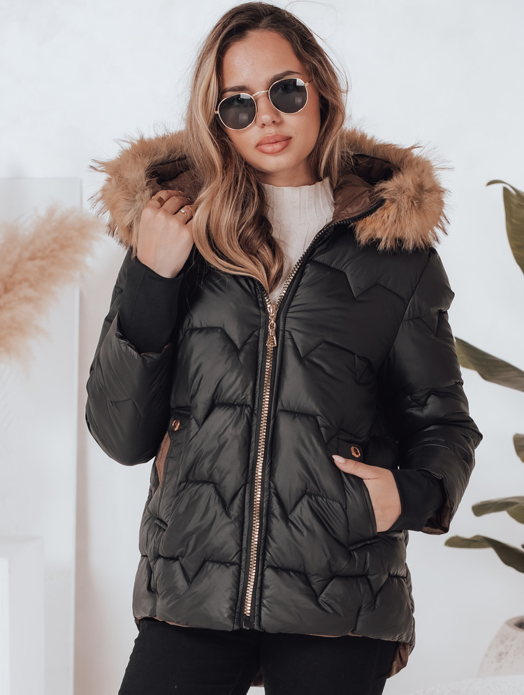 Čierna dámska zimná prešívaná bunda SNOWMISS s kožušinovou kapucňou TY4999 Veľkosť: XL