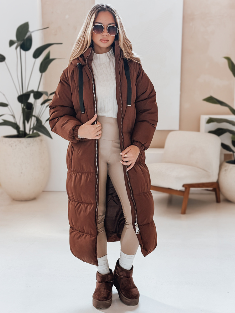 Hnedý dámsky dlhý zateplený kabát COZYSEASON TY4954 Veľkosť: XL