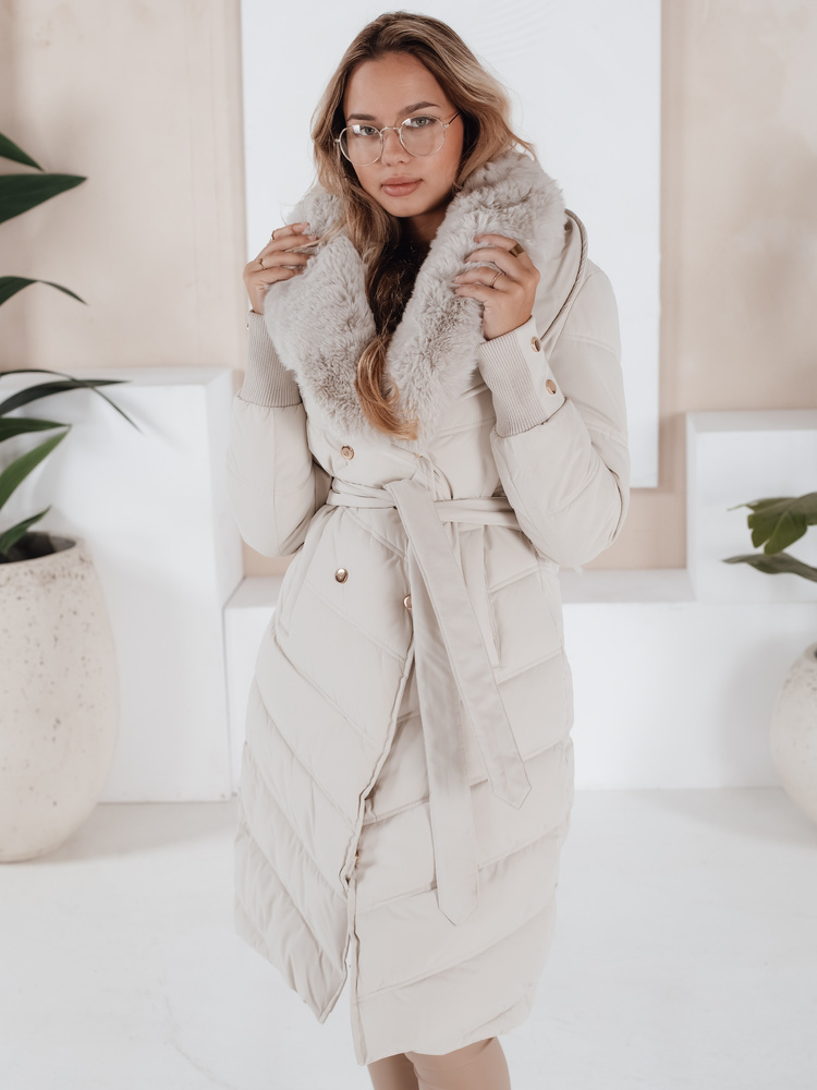 Smotanová dámska prešívaná zimná bunda s kožúškom TY5078 Veľkosť: XL