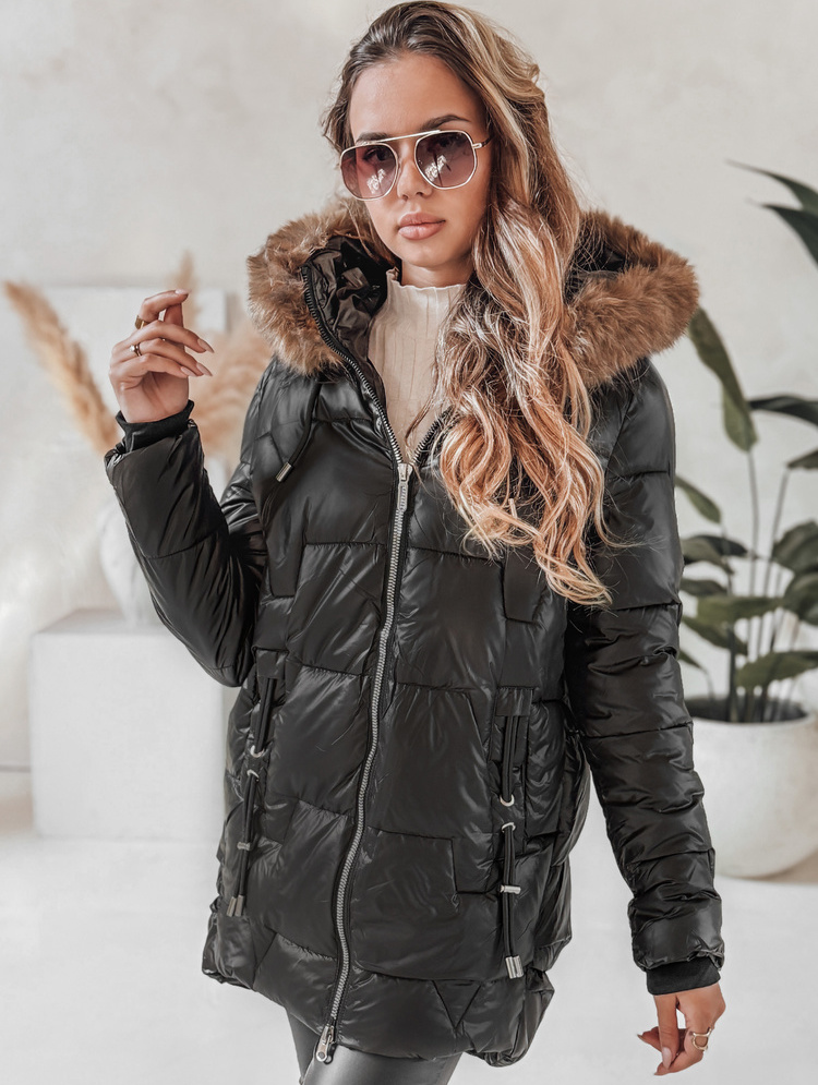 Čierna dámska zimná prešívaná bunda NORINA s kožušinou na kapucni TY5054 Veľkosť: M