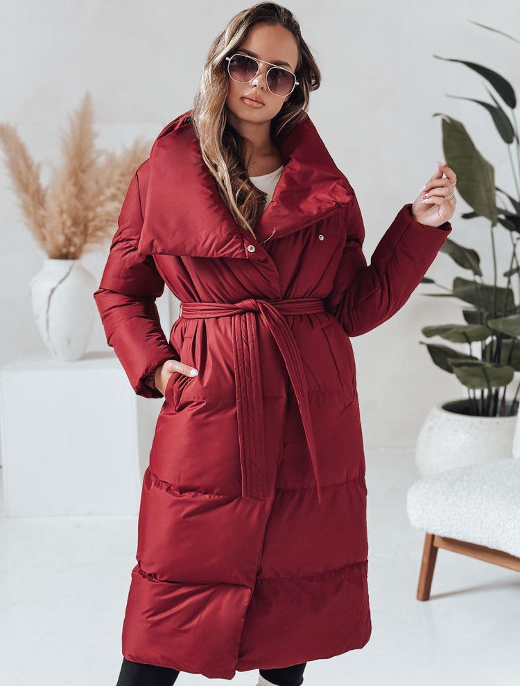 Vínový dlhý dámsky prešívaný kabát s pásikom FAVI TY4961 Veľkosť: M