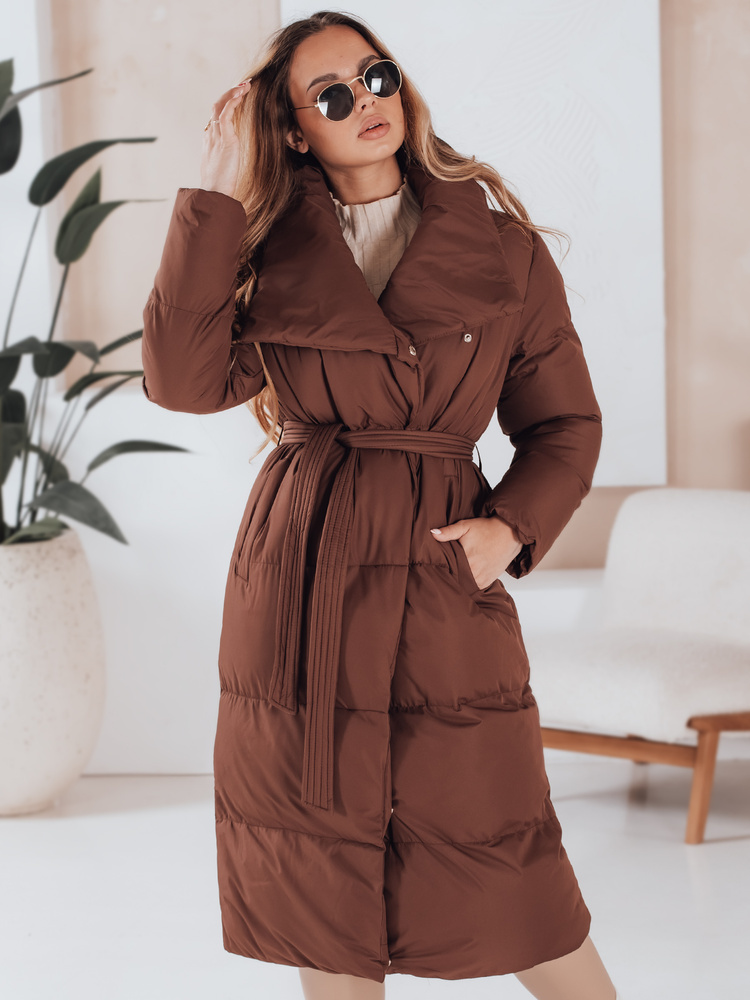 Hnedý dlhý dámsky prešívaný kabát s pásikom FAVI TY4962 Veľkosť: S