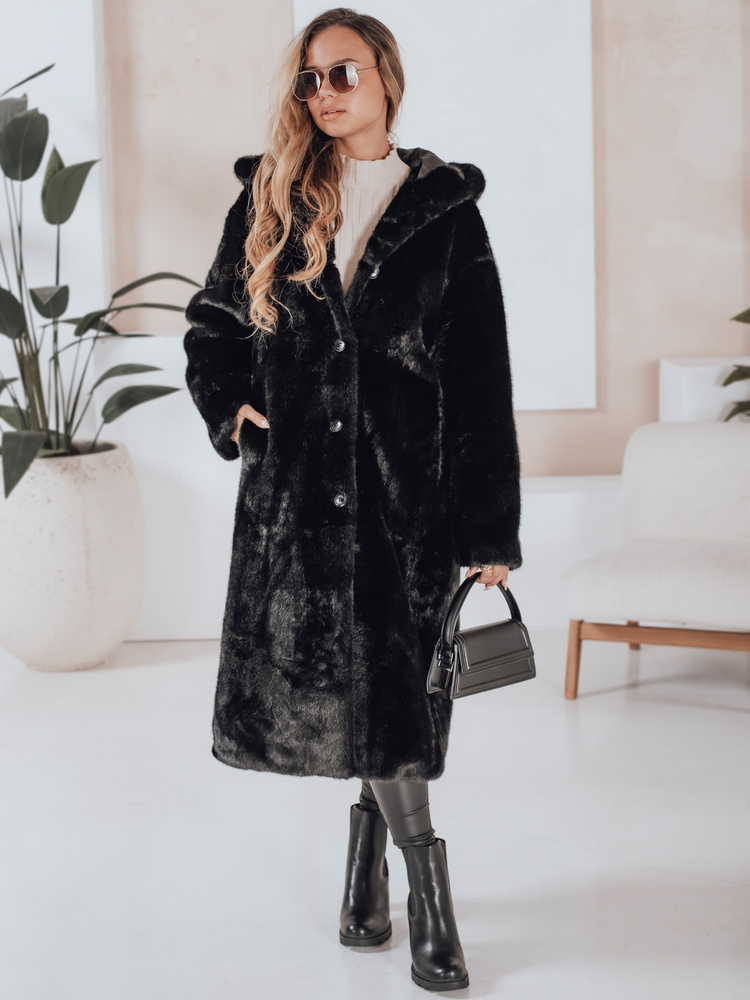 Dámsky dlhý čierny kožuch HELLOCHIC s kapucňou TY4986 Veľkosť: XL