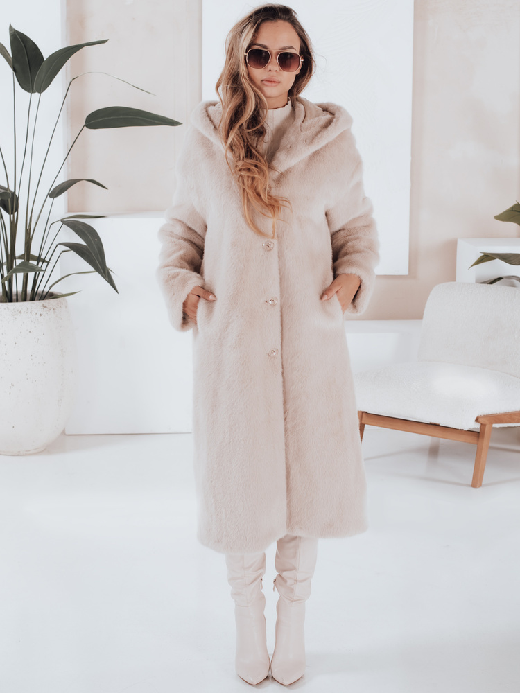 Dámsky dlhý béžový kožuch HELLOCHIC s kapucňou TY4987 Veľkosť: XL