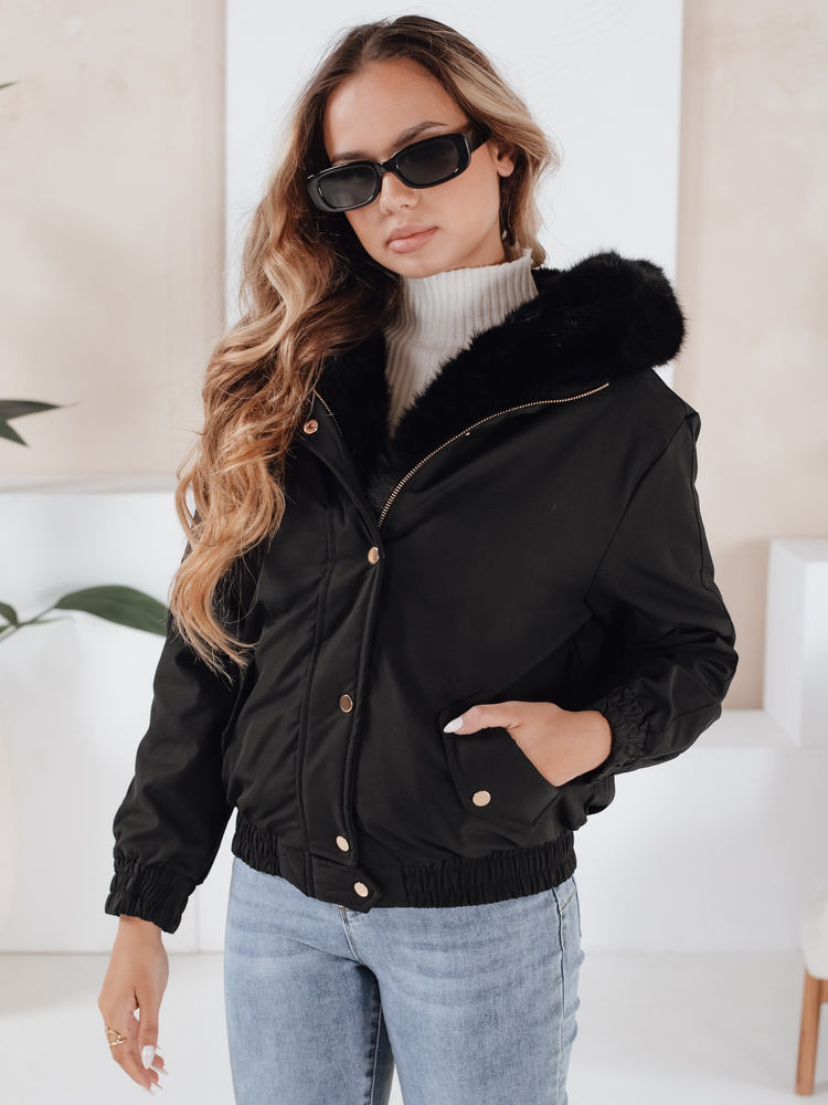 Čierna dámska zimná krátka bunda VESSADA s kožúškom TY5059 Veľkosť: L