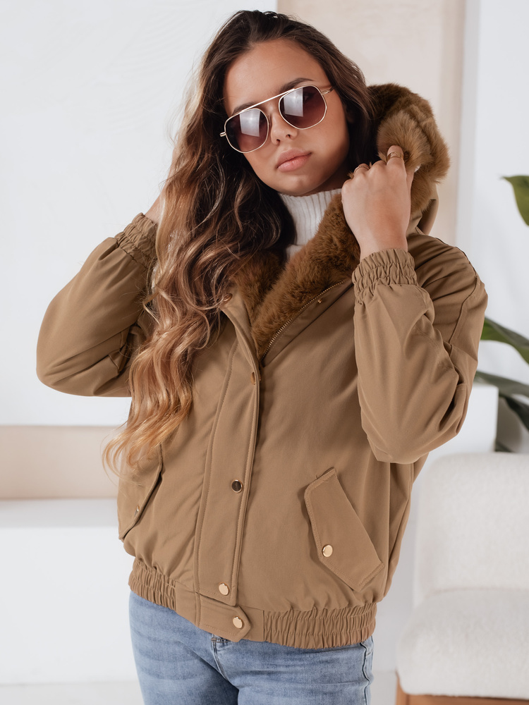 Svetlohnedá dámska zimná krátka bunda VESSADA s kožúškom TY5061 Veľkosť: M