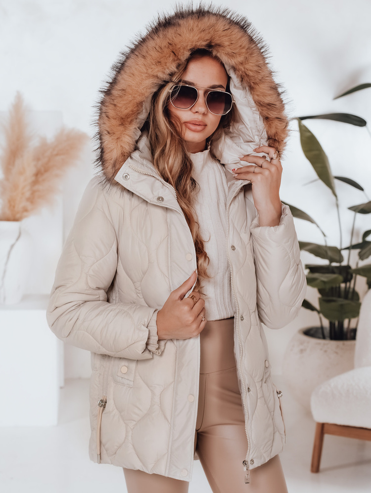 Dámska zimná svetlobéžová prešívaná bunda LUMORE s kapucňou TY5012 Veľkosť: L