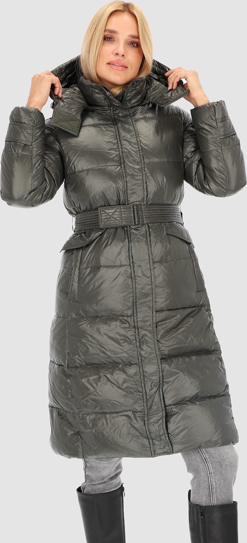 Khaki dámsky dlhý páperový kabát s pásikom BLH 220019 FX - Khaki Veľkosť: S