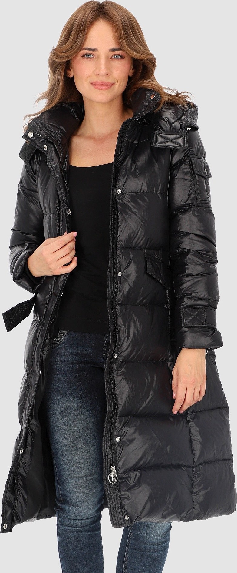 Čierny dámsky dlhý páperový kabát s pásikom BLH 220019 FX - Black Veľkosť: XL