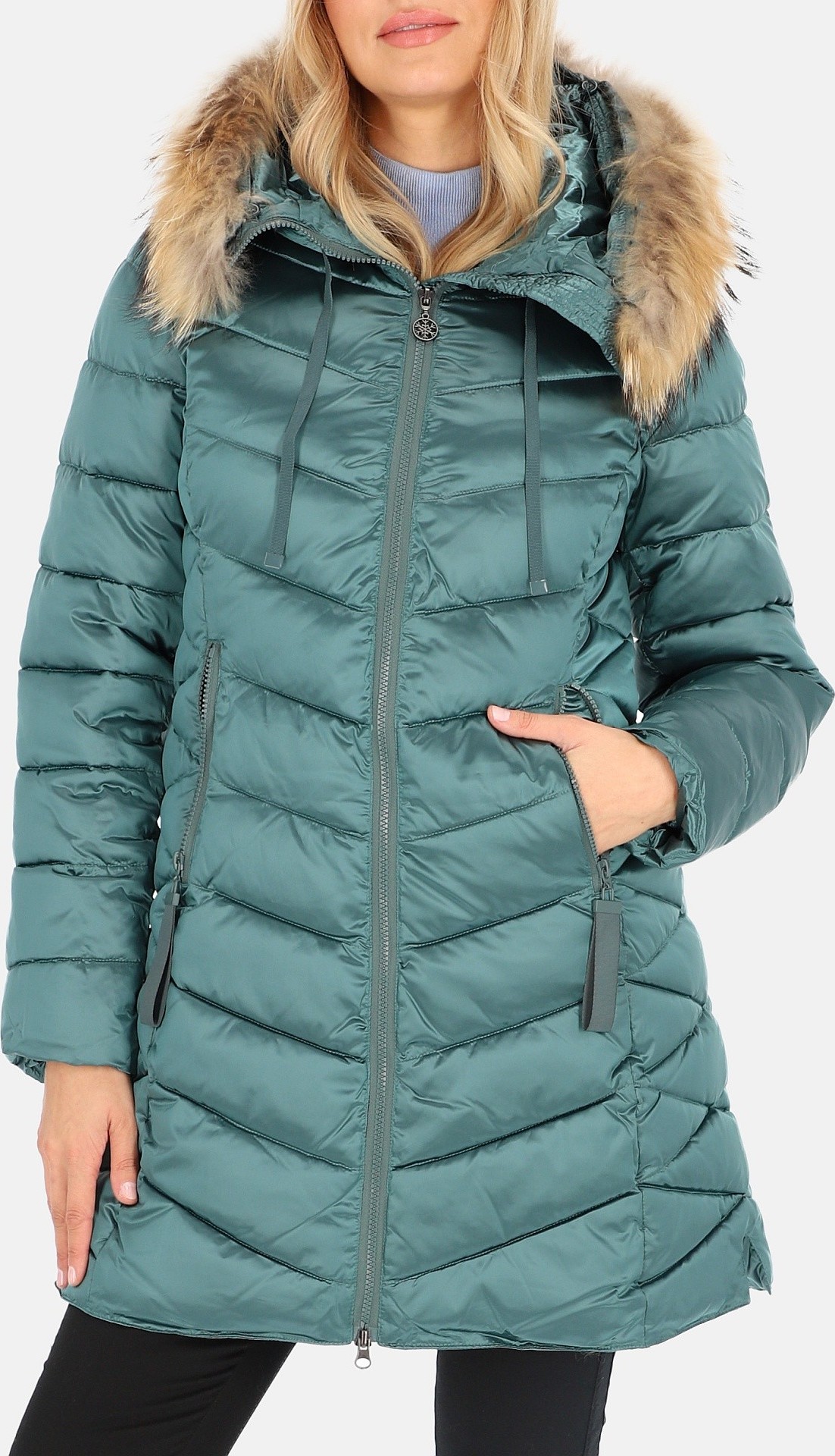 Smaragdová dámska ležérna zimná bunda s kožúškom BLH 220036 FF - emerald Veľkosť: S