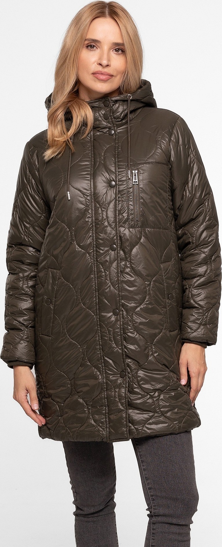 Khaki dámska prešívaná prechodná bunda s kapucňou BLH 220051 F - Kaki Veľkosť: S