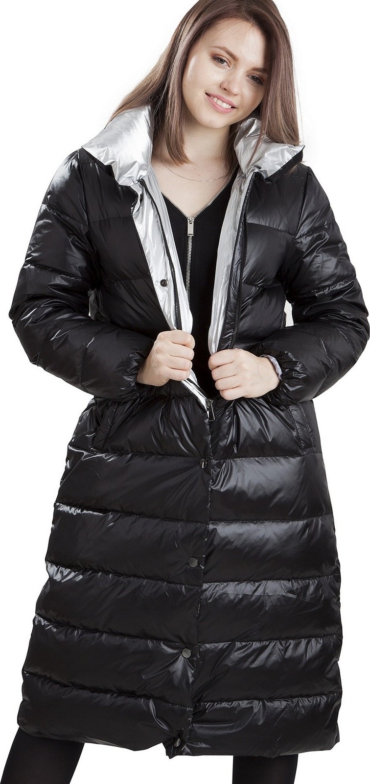 Čierny dámsky zimný prešívaný kabát so striebornými detailmi BLH 201026 F - black Veľkosť: S