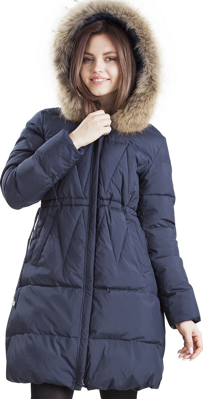 Tmavomodrá dámska prešívaná bunda s kožušinou BLH 201039 F - dark blue Veľkosť: S