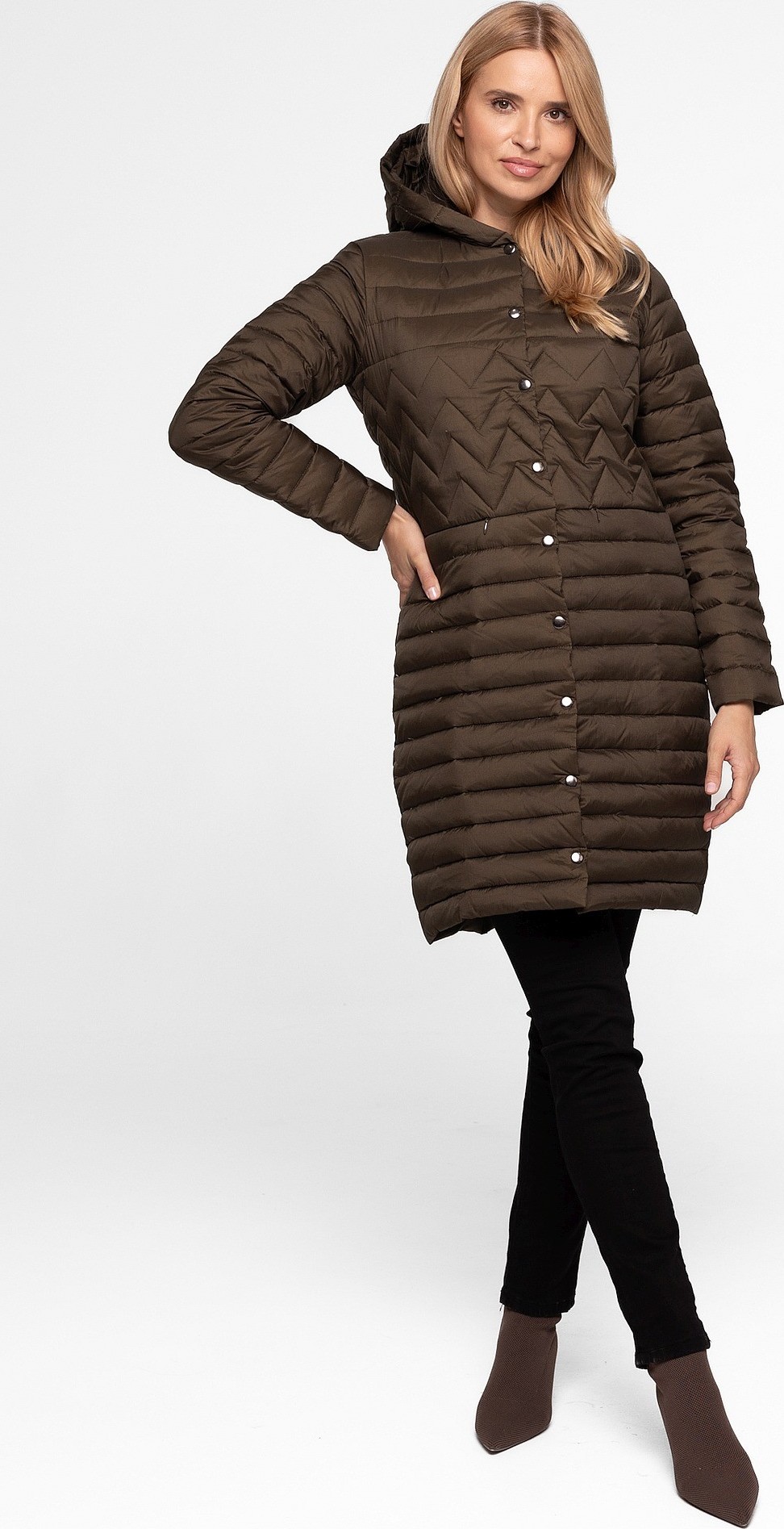 Dámska khaki prešívaná páperová bunda s kapucňou BLH 919013 FX - khaki Veľkosť: L