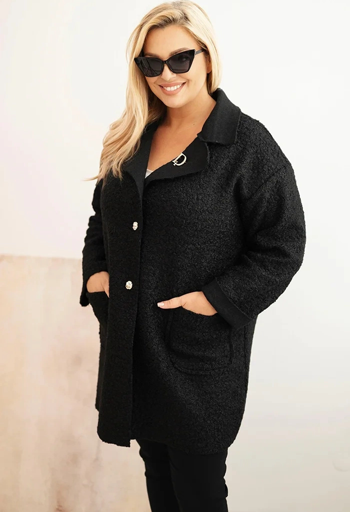 Čierny dámsky vlnený kabát pre plnoštíhle Veľkosť: ONE SIZE