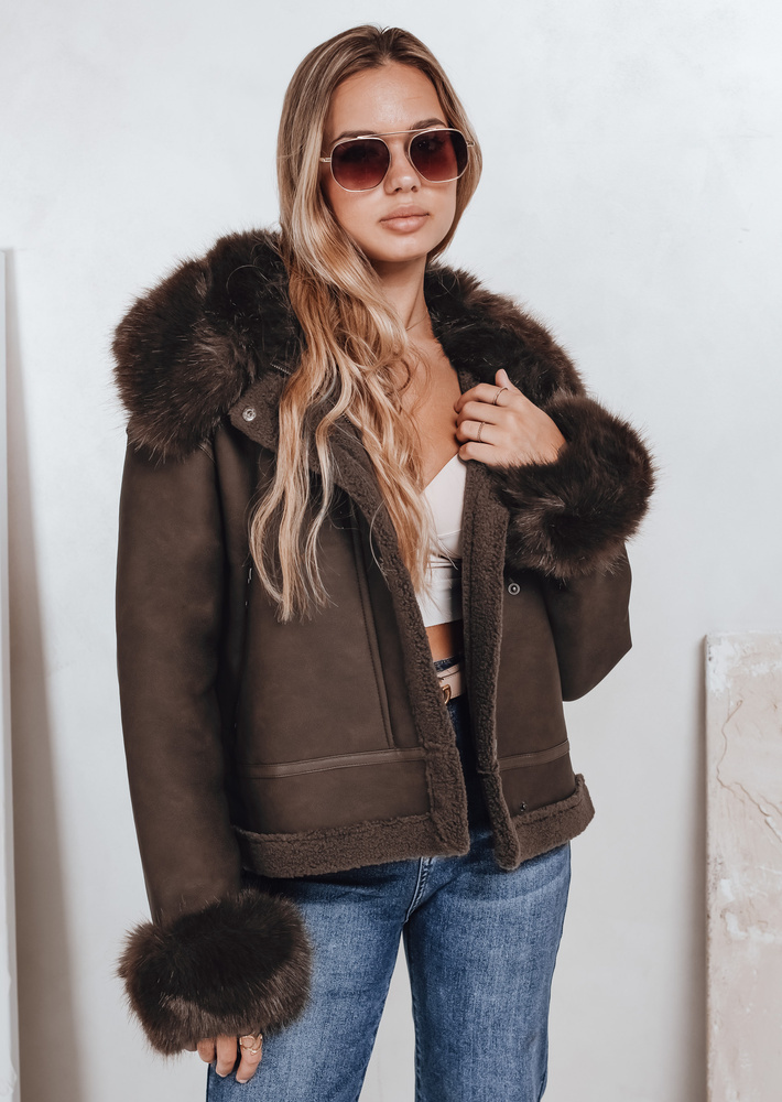 Hnedá dámska koženková bunda s kožúškom TY5243 Veľkosť: L