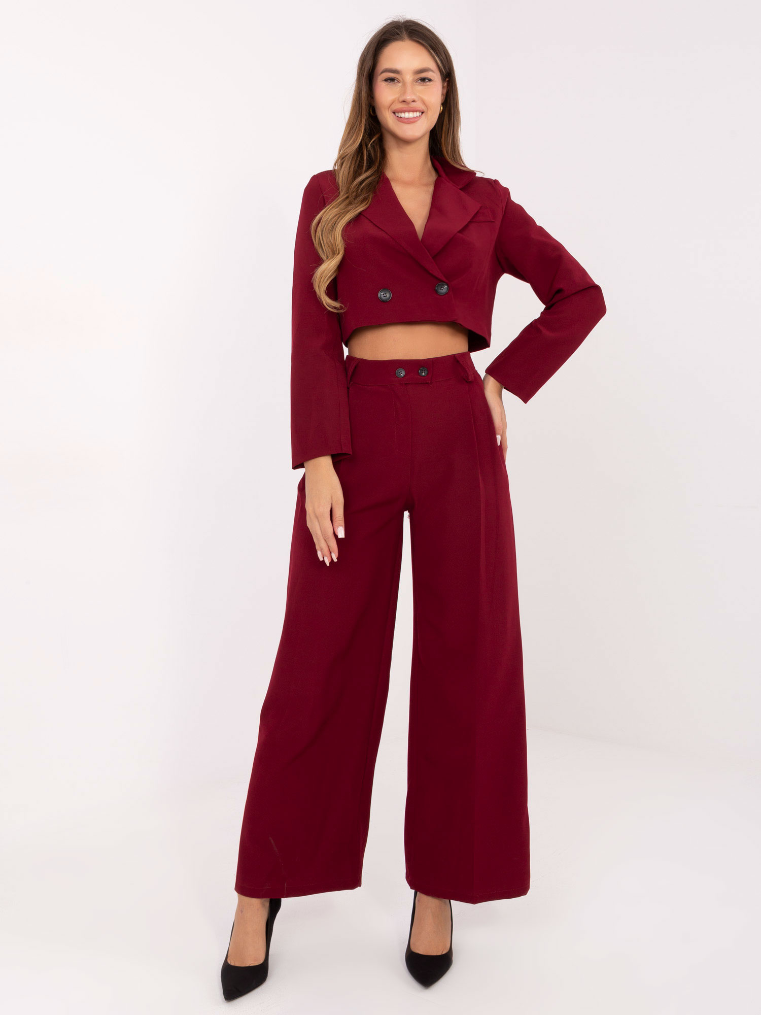 Vínový dámsky elegantný komplet s crop sakom a širokými nohavicami IT-KMPL-FL9019.08P-bordo Veľkosť: L/XL