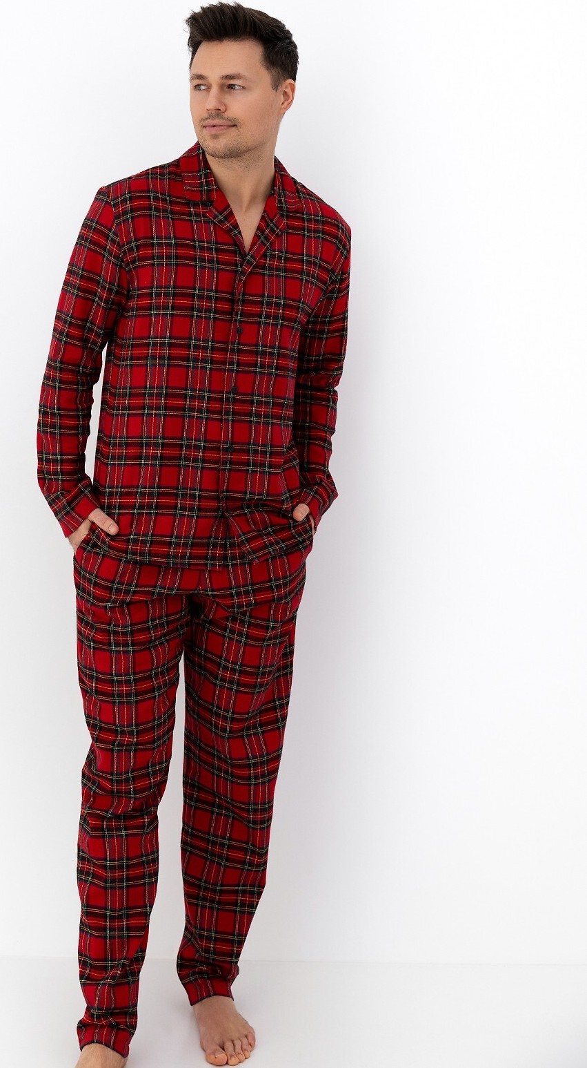 Sensis Flanelové pánske dlhé pyžamo s károvaným vzorom Philip dł/r M-2XL rozpinana Veľkosť: M, Barva: Červená