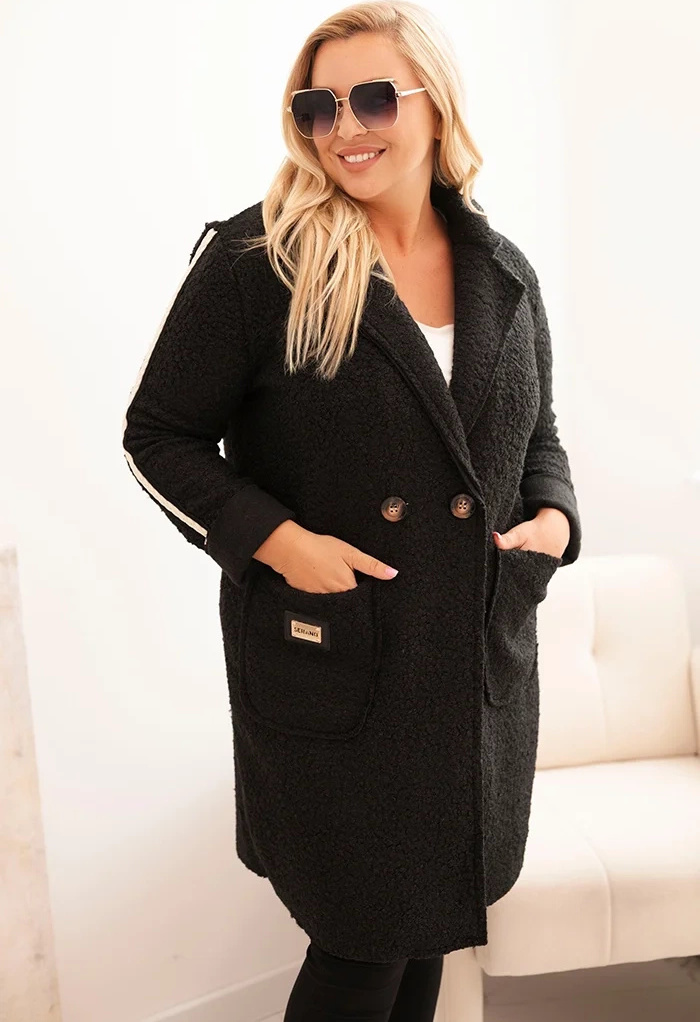 Čierny dámsky plus size teddy kabát s vreckami Veľkosť: ONE SIZE