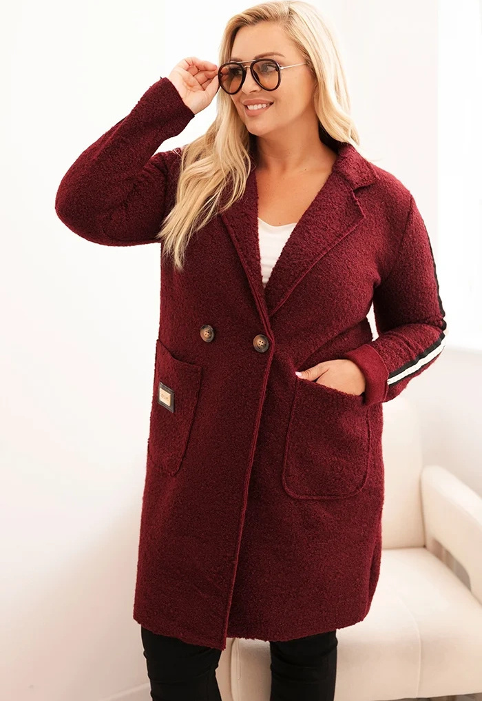 Vínový dámsky plus size teddy kabát s vreckami Veľkosť: ONE SIZE