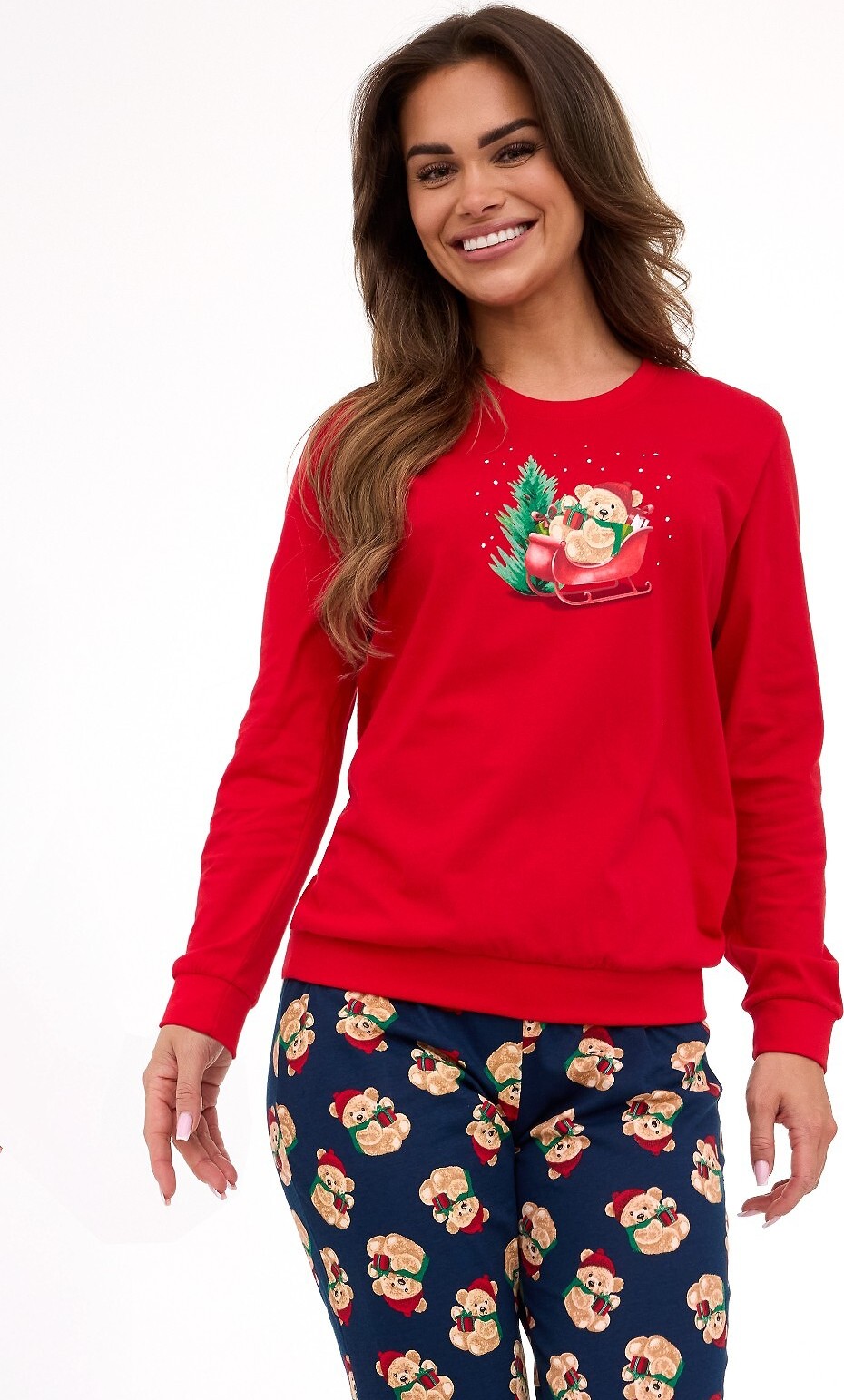 Cornette Červeno-modré dlhé dámske vianočné pyžamo Teddy 671/422 Teddy dł/r Christmas S-2XL damska Veľkosť: S, Barva: Červená